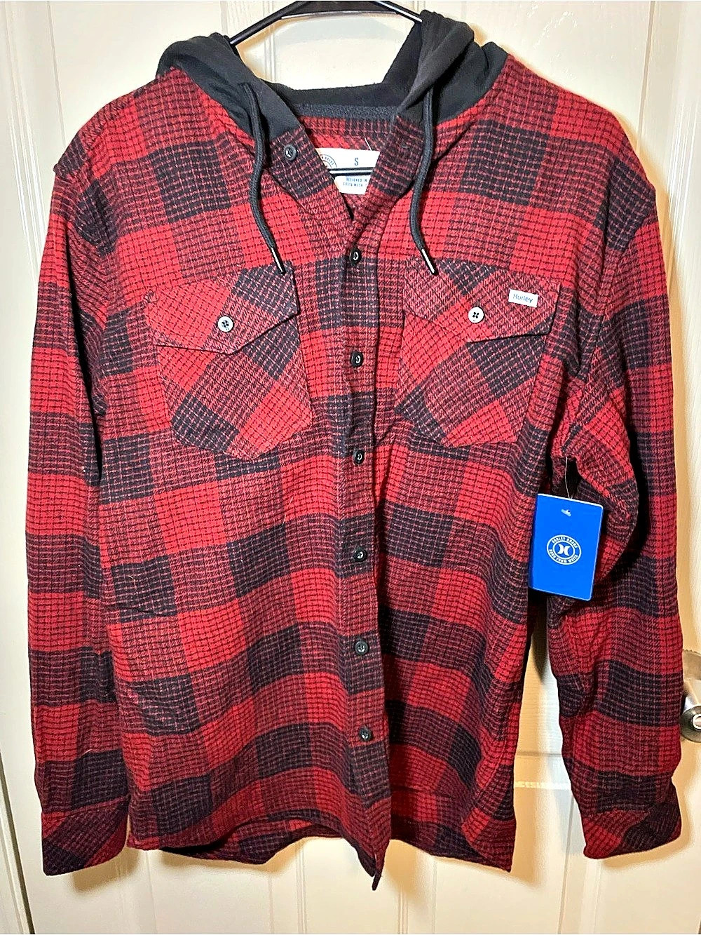 Hurley Hooded Flannel Shirt Plaid Red & Black Size Small